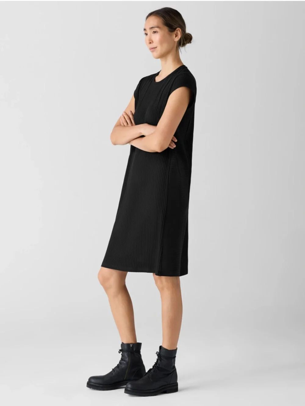Eileen Fisher Textured Stretch Rib Round Neck Dress Boxy Black Knee Length $178